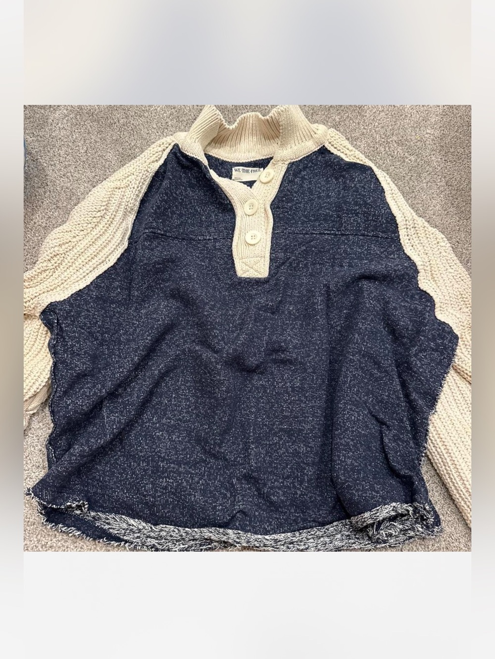 WE THE FREE. Navy and Cream Button-Neck Sweater